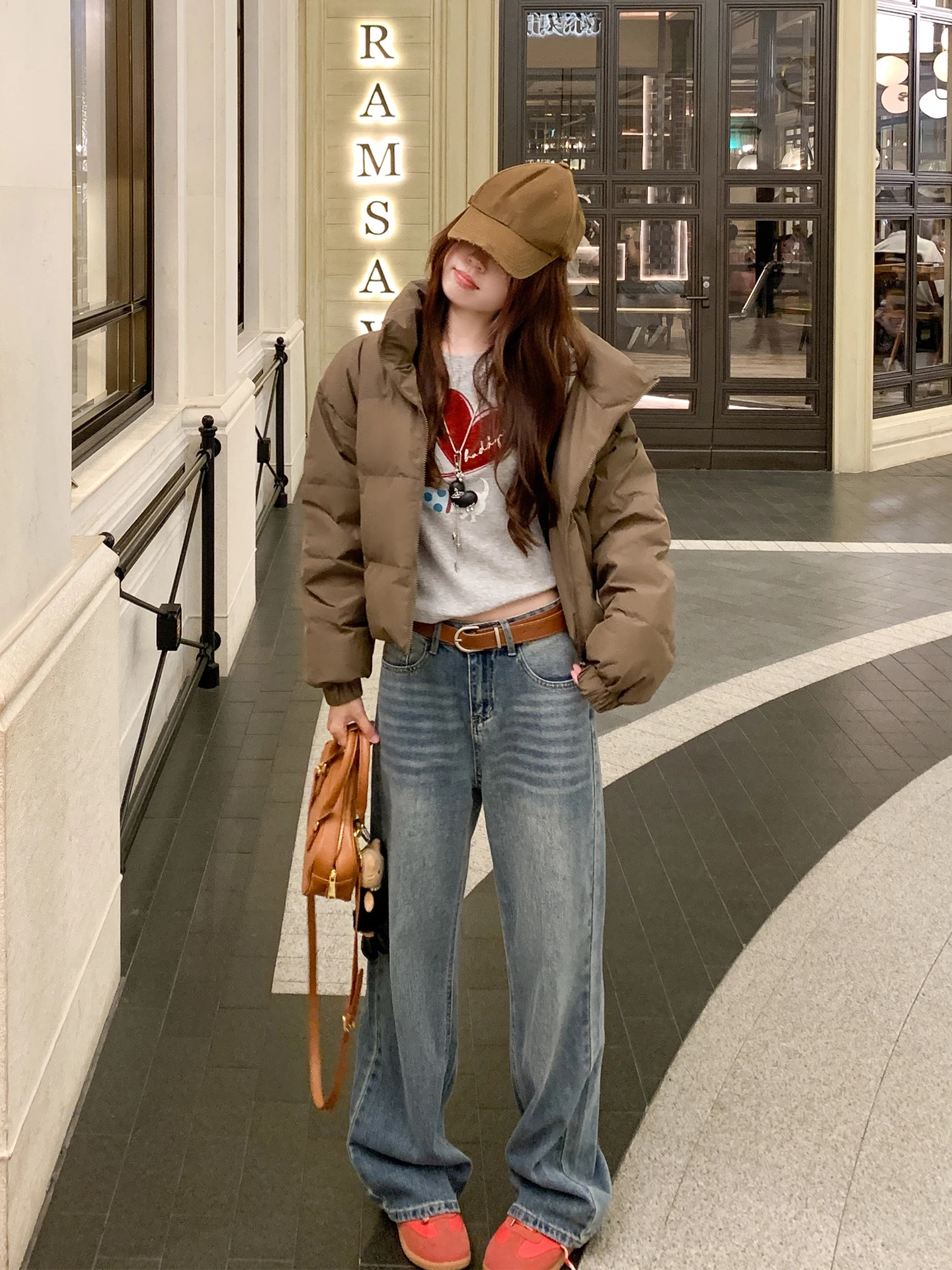 

Cao Si ort Puffer Jaet, женское зимнее теплое пальто с воротником-стойкой на подкладке, коричневое пуховое пальто Sli в стиле ретро, свободная верхняя одежда