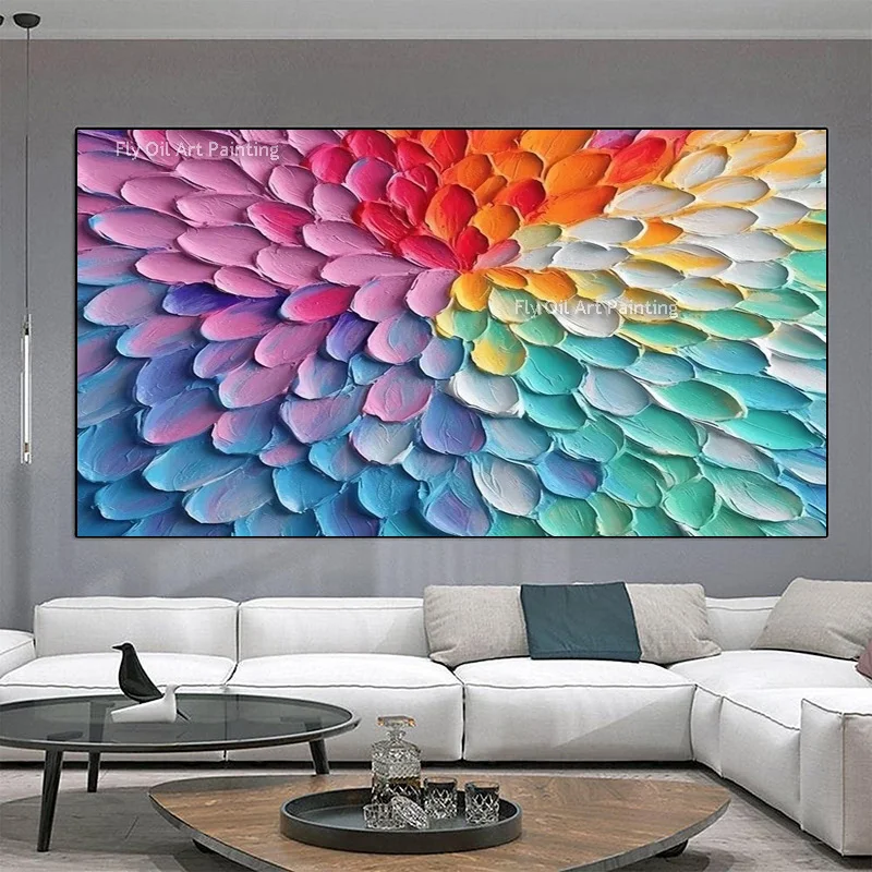 Colorful Abstract Knife Thick Oil Painting Handmade New Design Blue Red Yellow Gradient Petals Canvas Wall Art For Room Decor