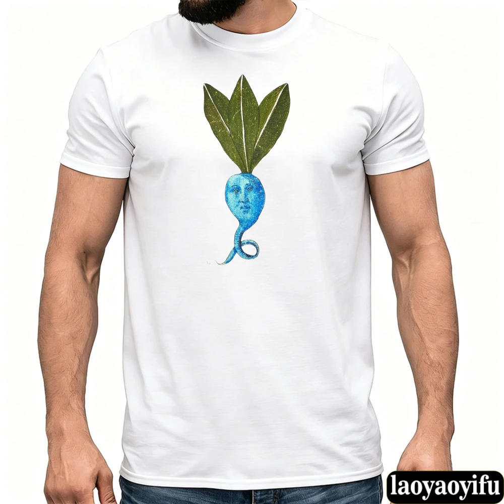 Surreal Blue Anthropomorphic Radish Face Graphic T Shirt Vintage Weird Botanical Art Tee Aesthetic Art Lover Gift Tops