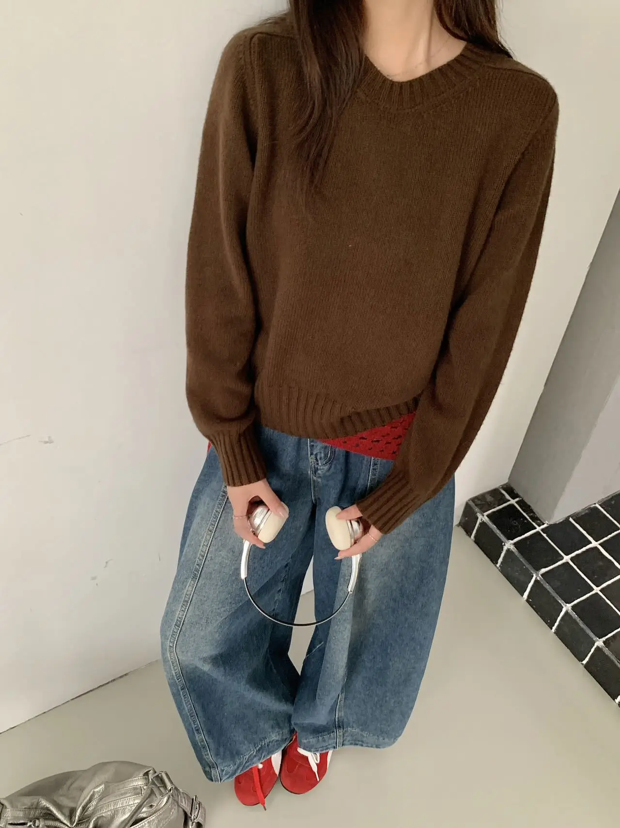 순모 스웨터, 한국 미니멀리스트 피치 네크라인, 솔리드 컬러, 클린 에디션, 울 니트 스웨터