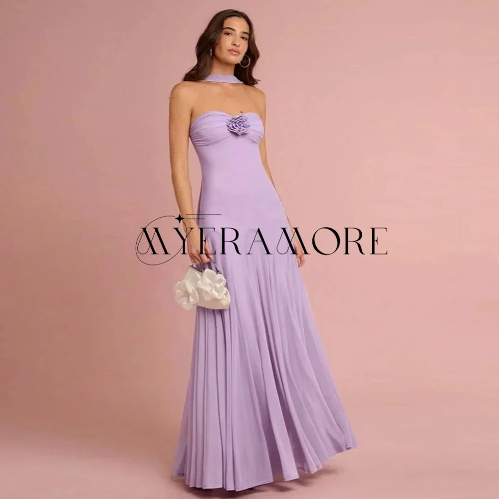 

Simple Halter Sweetheart Evening Dresses Purple A-Line Flowers Pleat Women Party Prom Gowns Customized فساتين سهرة