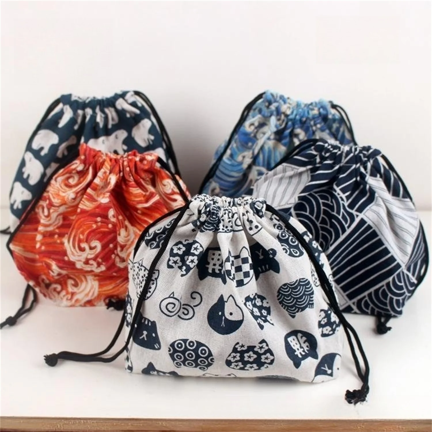 Japanese Style Lunch Box Bag Drawstring Lunch Bag Bento Tote Pouch Portable Children Storage Box Travel Tableware Storage Bag