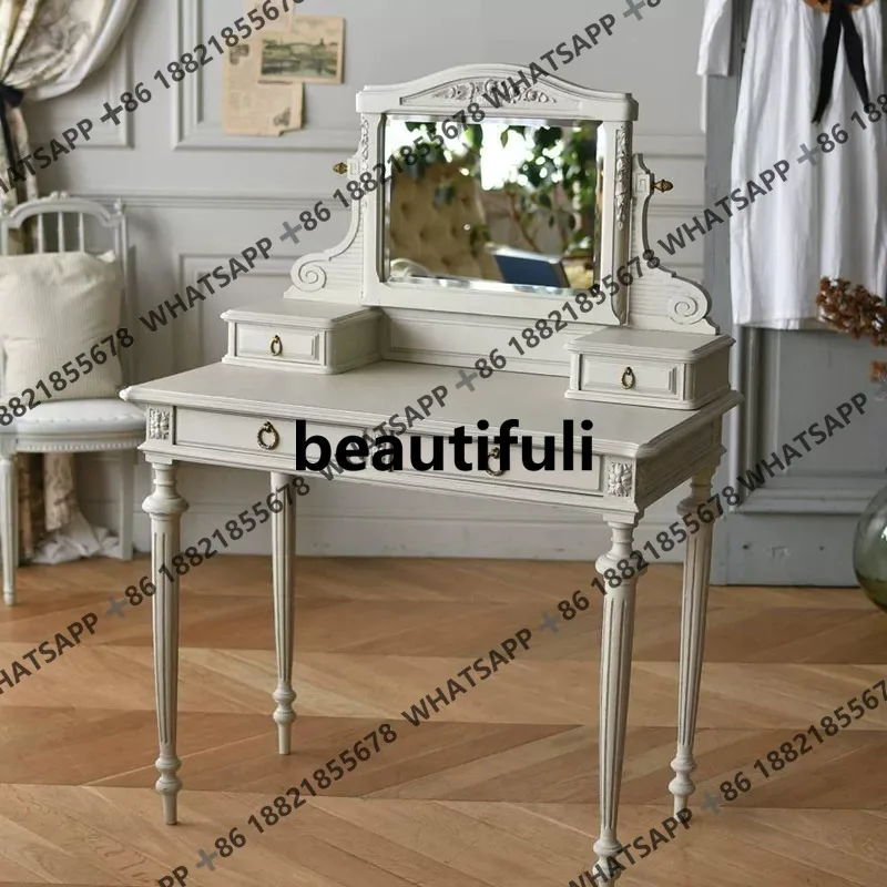 

French solid wood dresser bedroom carved makeup table American country mirror dresser