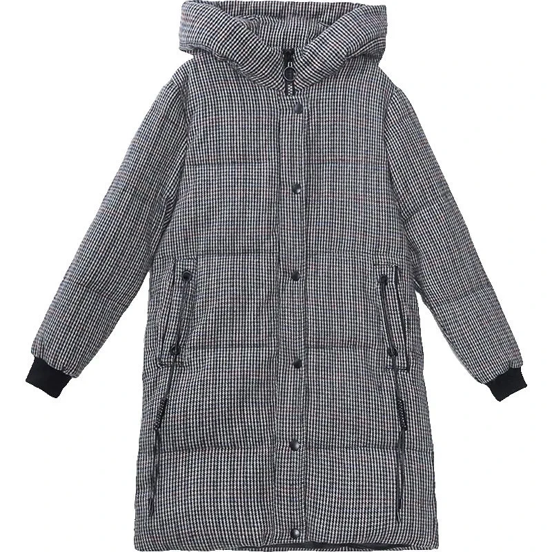 Houndstooth Down Cotton Coat Womens Clothing 2024 New Winter Jacket Hooded Parkas Loose Thick Padded Coat Female Long Outerwear