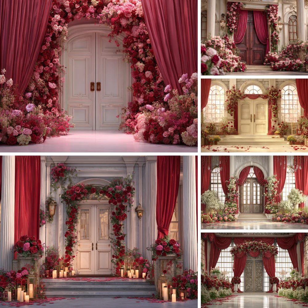 February 14 Valentine's Day Photography Backdrop Draping Fabric Red Rose Arch Curtain Photo Studio Background