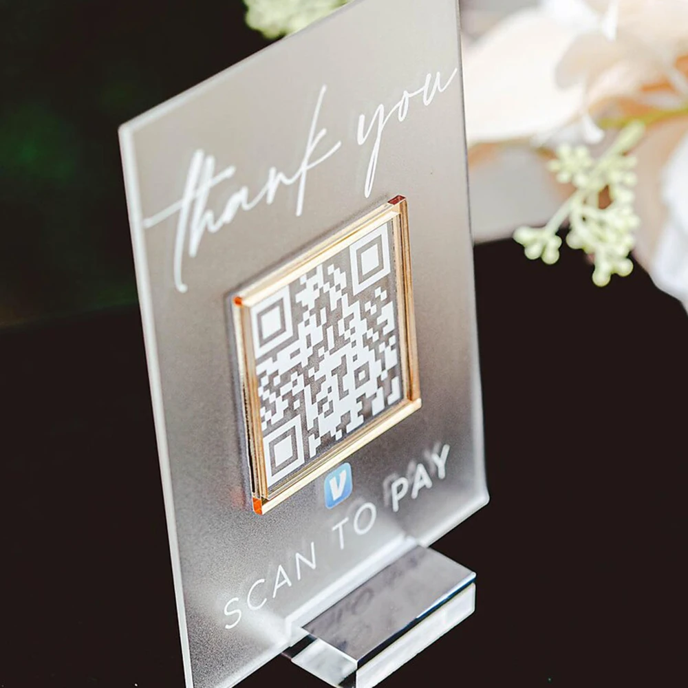 3D Thank You QR Code Decor Sign Scan To Pay Scannable For Retail Clear Glass Look Acrylic Plaque Instagram Hashtag Table Sign