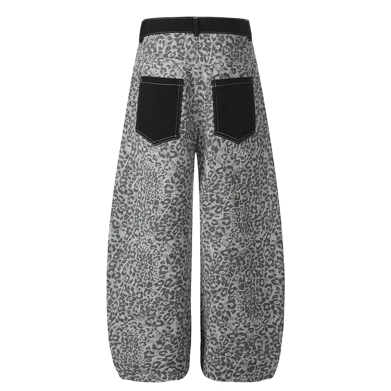 GXFortune American Retro Leopard Print Patch Pocket Denim Jeans Men's Loose Wide Leg Casual Long Trousers Women's Fashion