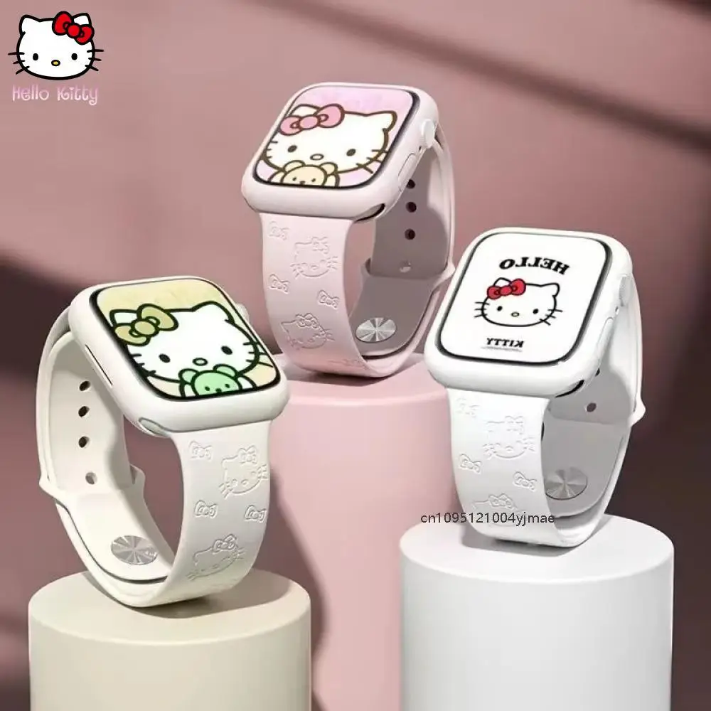 Tali Sanrio Hello Kitty untuk Apple Watch Band 45Mm 44Mm 42Mm 41Mm 38Mm 49Mm 40Mm Gelang Terukir Silikon Iwatch Kartun Lucu