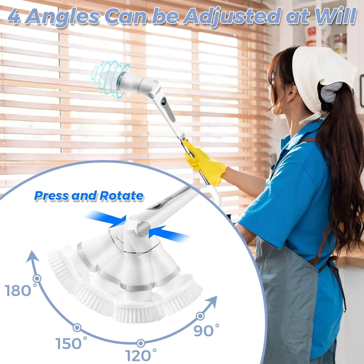 Electric Spin Scrubber, Cordless Cleaning Shower Brush 8 Cleaner Heads LCD Display 3 Speeds Adjustable Extension Handle I