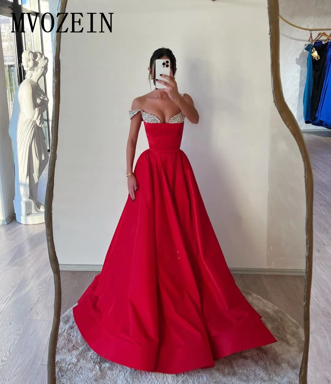 MVOZEIN Red Satin Evening Dresses Hand Beding Crystal A-Line Prom Dresses Off the Shoulder Elegant Party Dresses 2024