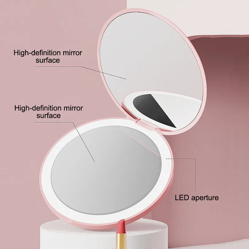 Nueva luz LED pequeña personalizada cosmética 2 lados plegable maquillaje pestañas espejo portátil Mini espejo de bolsillo HUAZJ15