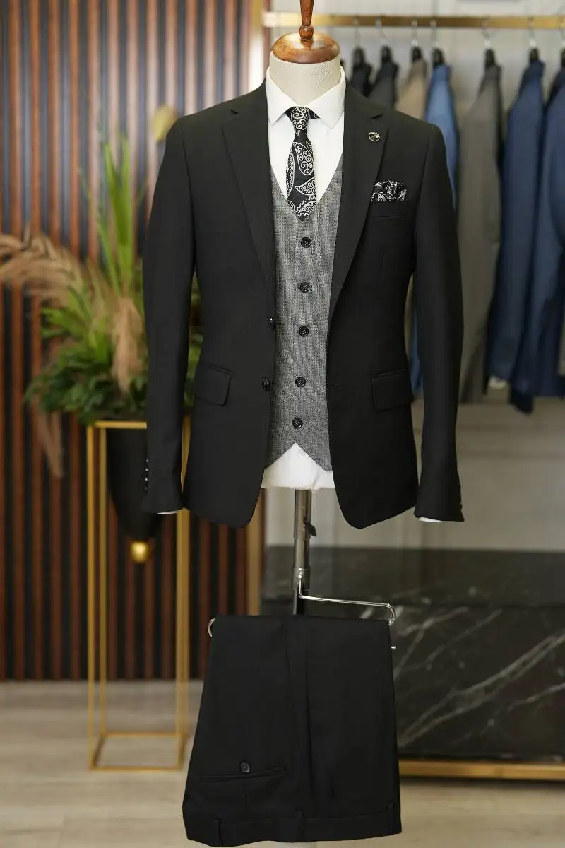 Classic Black Men's Suits for Wedding 3pcs Blazer Vest Pants Formal Business Office High Quality Black Male Suit