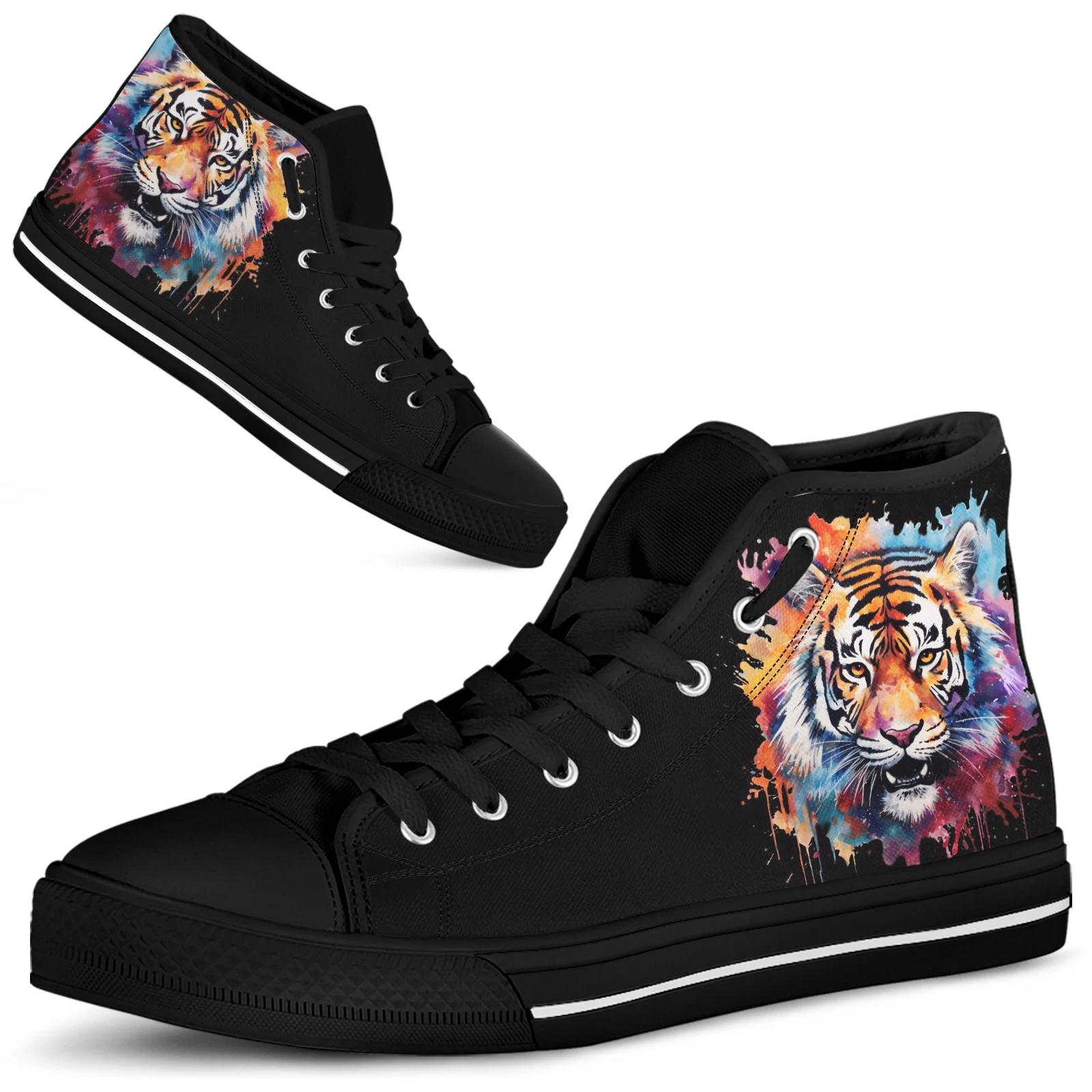 ELVISWORDS High Top Men's Shoes Colorful Watercolor Tiger 3D Print Designer Brand Casual Sports Shoes Canvas Shoes Chaussure