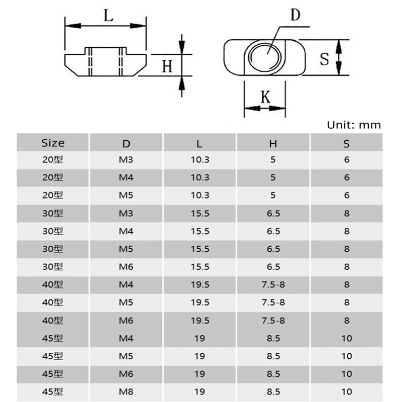 20Pcs M3 M4 M5 M6 M8 EU 20/30/40/45 Hammer Head T Nut Slide Square Shrapnel Steel Ball Nuts Aluminum Extrusion Profile Fasteners