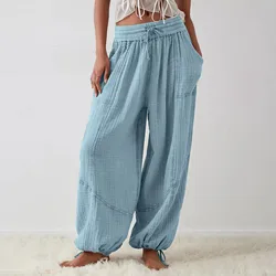 Women Harem Pants Summer Casual Vintage Cotton Linen Pants Elastic Waist Wide Leg Fashion Loose Pockets Female Trousers S-3xl