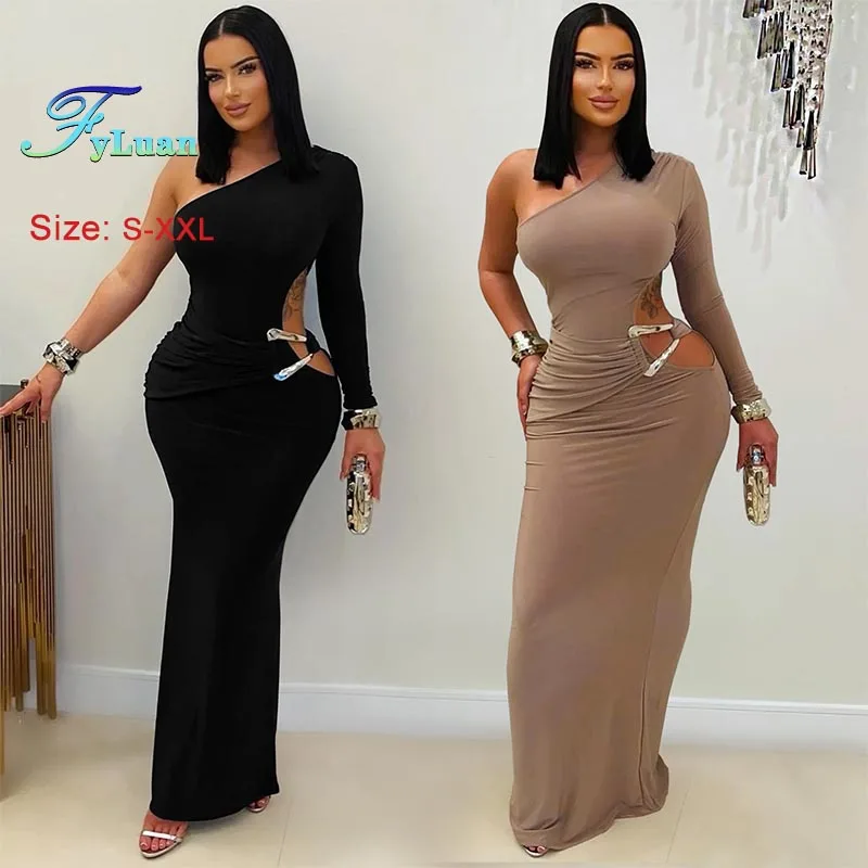 ชุดเดรสผู้หญิงเซ็กซี่ ไหล่เฉียง แขนเดียว ยาว แฟชั่น สีพื้น ทรงเข้ารูป โชว์เอว ชุดราตรี ชุดค็อกเทล