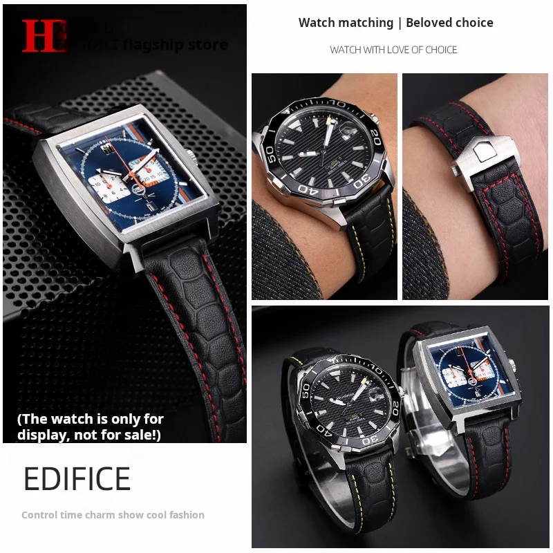 جديد 22 مللي متر لعلامة heuer كاليرا موناكو F1 حزام ساعة من الجلد الطبيعي خط أحمر جلد البقر نشر مشبك الرجال حزام ساعة اليد اكسسوارات