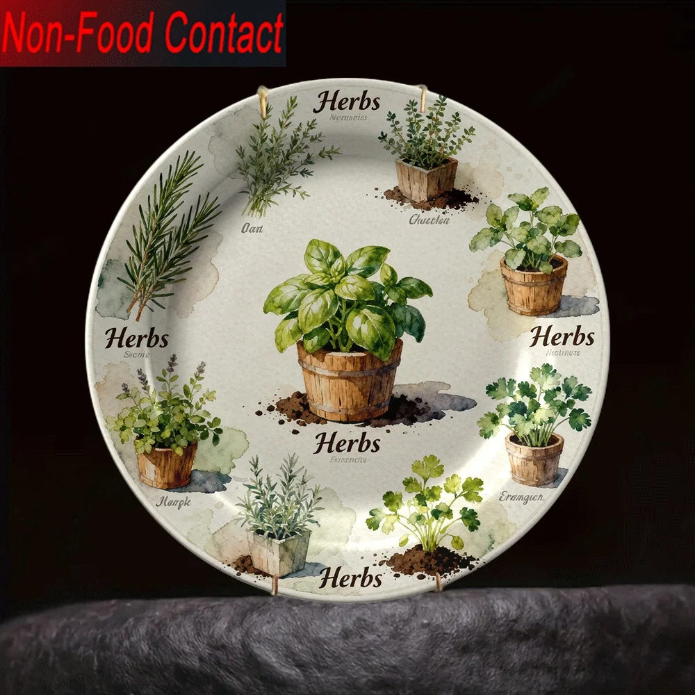 2D Flat - 1pc Hand-Painted-Look Ceramic Decorative Plate - Elegant Herb Garden Design with Mint, Rosemary, Sage, Lavender,