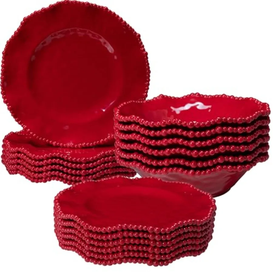 

Christmas 18 Pcs Beaded Melamine Dinnerware Sets, Service for 6, Lightweight Unbreakable, BPA Free With Scalloped rim Plates an