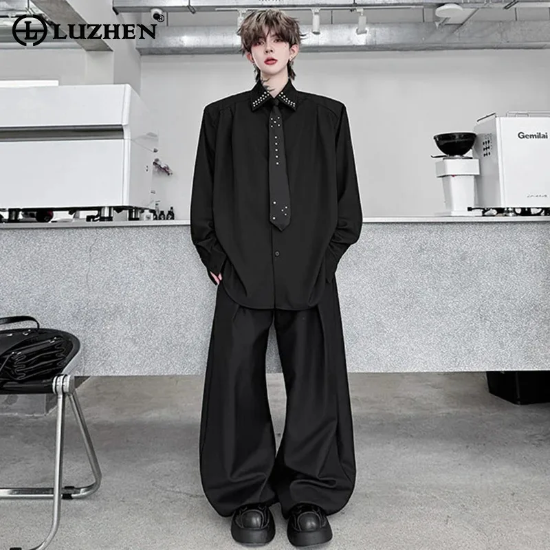 

LUZHEN Fashion Luxury Handsome Necktie Decorate Long Sleeve Shirts Men's Loose Wide Leg Casual Pants Male Two-piece Sets JY3881