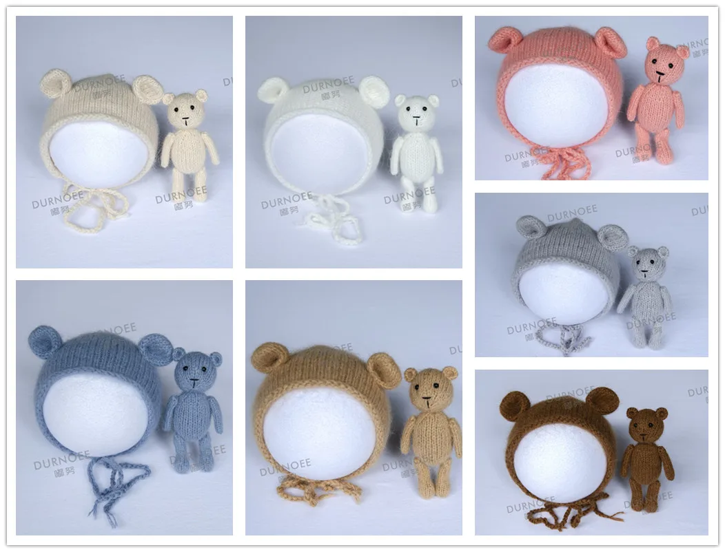 Chapeau en laine pour nouveau-né, accessoires de photographie, poupées lapin et ours, accessoires de studio photo pour bébé