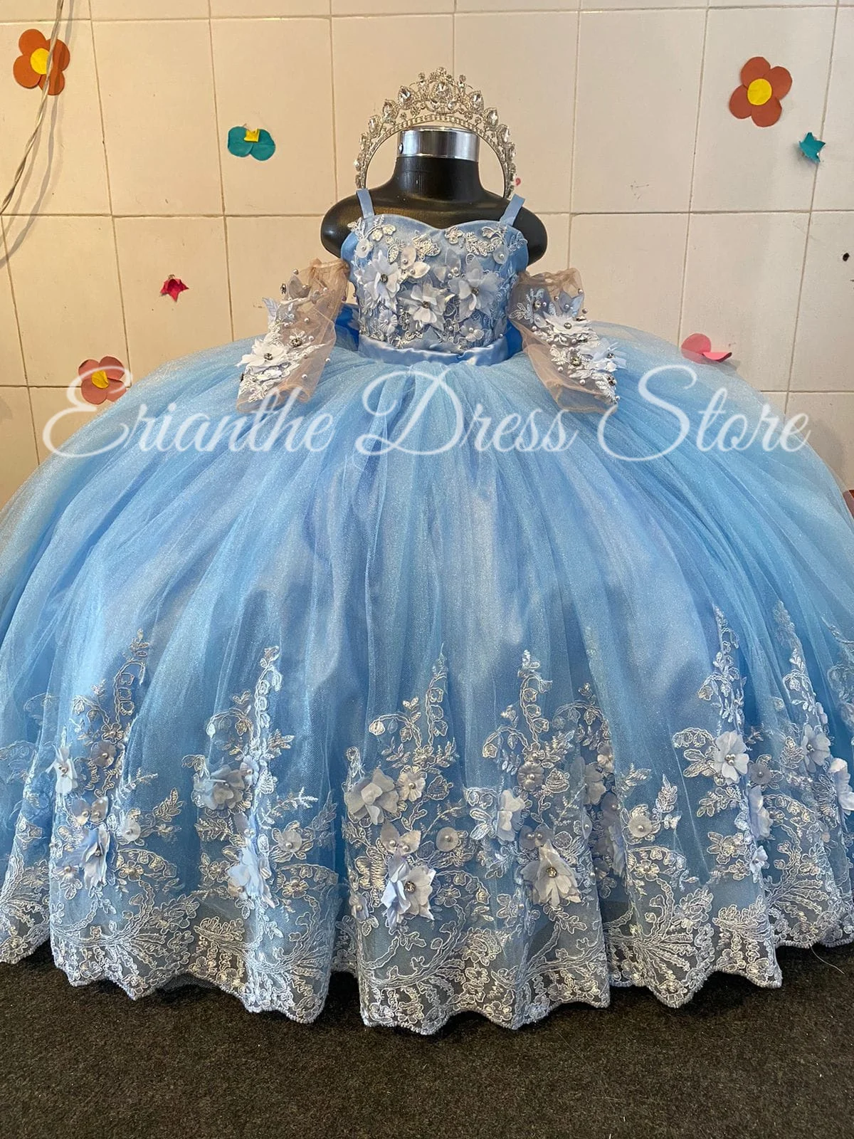 

Sky Blue 3D Apllique Tulle Puffy Princess Flower Girl Dress For Wedding Kids Birthday Party First Communion Ball Gowns Custom