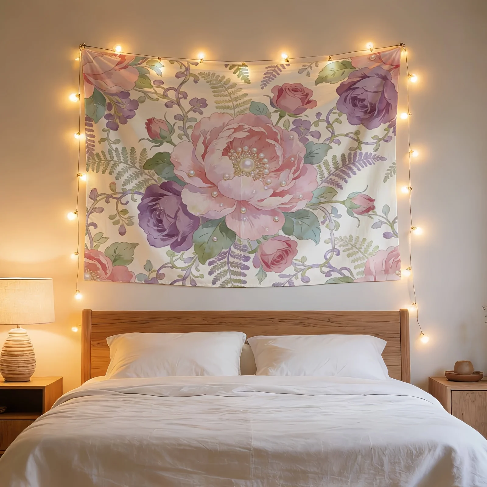 Romantic Cottagecore Boho Floral Tapestry Wall Hanging Watercolor Peony Rose Decoration for Living Room Bedroom Accent Art