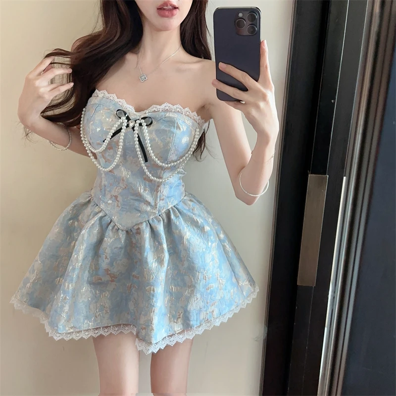 Ezgaga Mini Dresses Women Strapless Floral Lace Patchwork Bowknot Pearl Backless Ball Gown Dress Fairy Sweet Sexy Elegant