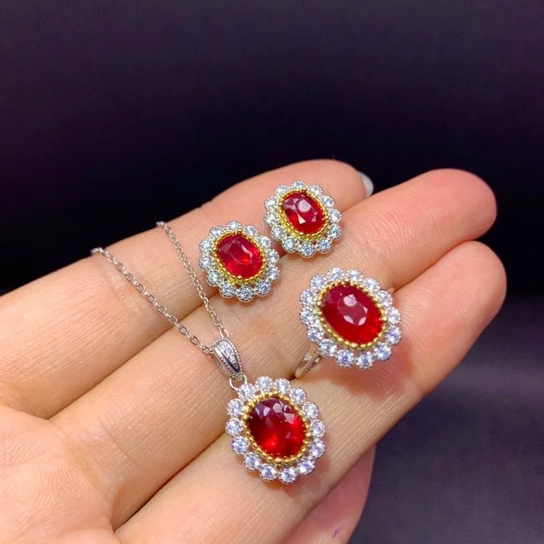 

Natural Ruby Jewelry Set for Wedding Total 3.4ct Ruby Ring Earrings Pendant Set 925 Silver Ruby Jewelry with Gold Plating