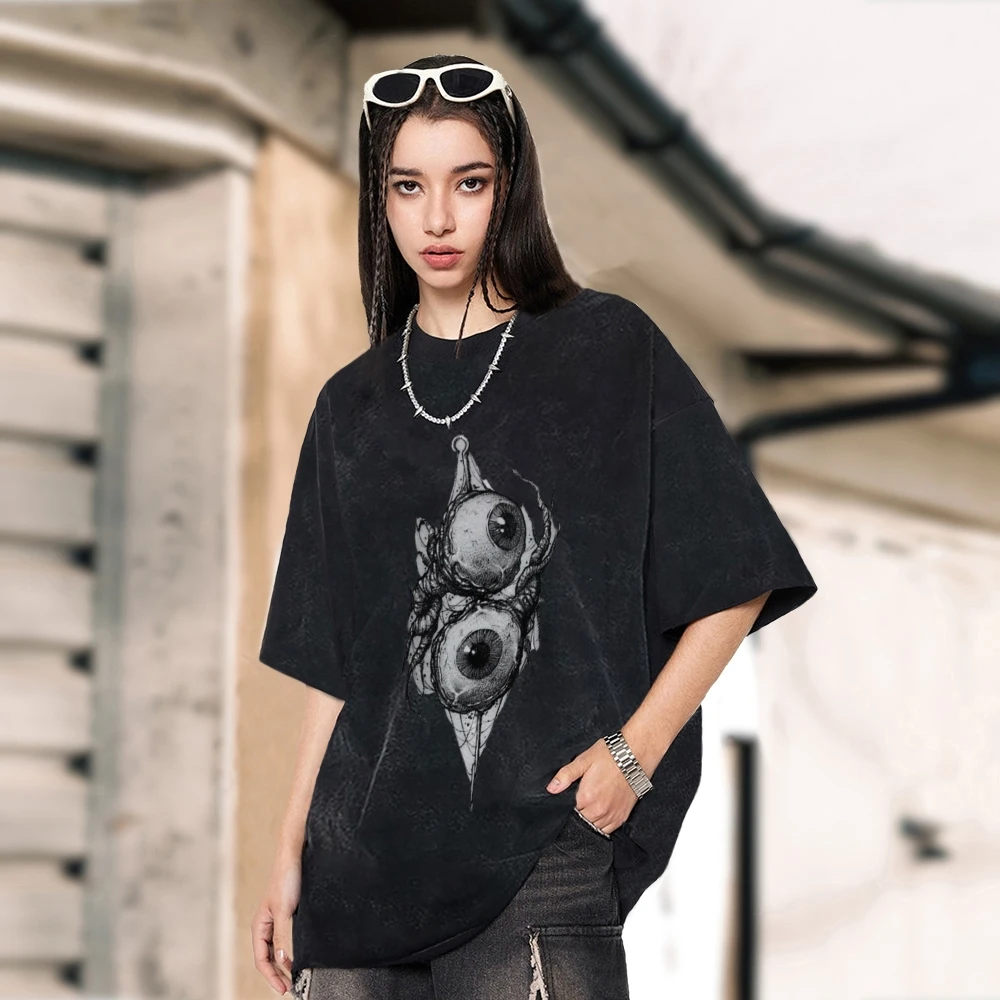 Eye Print Trend T Shirt Overseas Export Tee Streetwear Graphic Oversized Harajuku Gothic Cotton Short Sleeved Clothing Men Women