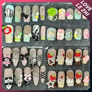 10 pièces Kawaii Sanrio Hello Kitty Handmade Press On Nails 3D Flower French Almond Ballerina Quadrate Diamond Star Heart Fake Nails 8 meilleures ventes de faux ongles Hello Kitty - No 7