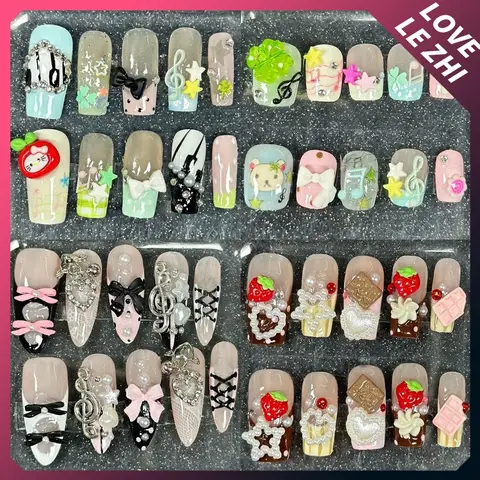 10Pcs Kawaii Sanrio 헬로 키티 손톱에 수제 프레스 3D 꽃 프랑스 아몬드 발레리나 Quadrate 다이아몬드 스타 하트 가짜 손톱
