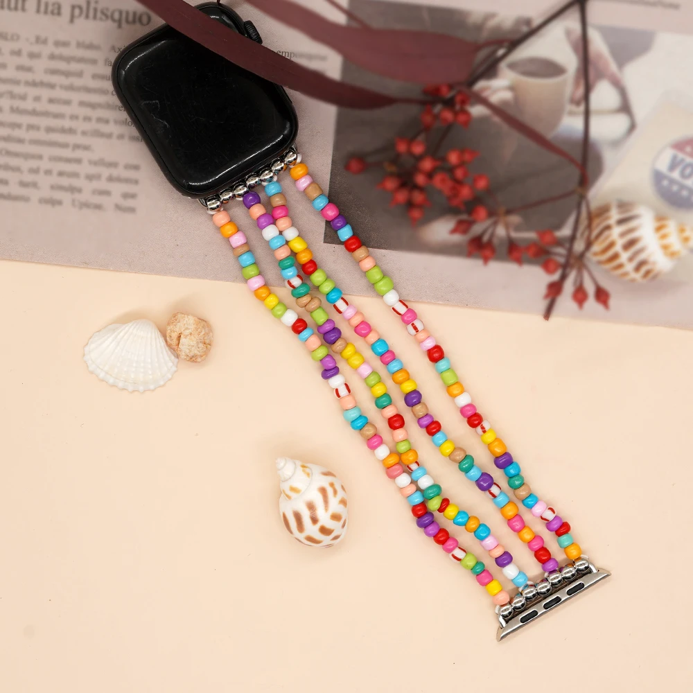 Go2Boho Multicolor Beaded Stretch Iwatch Strap Handmade Jewelry Fashion Watchband for Women Girl Watches Accessories