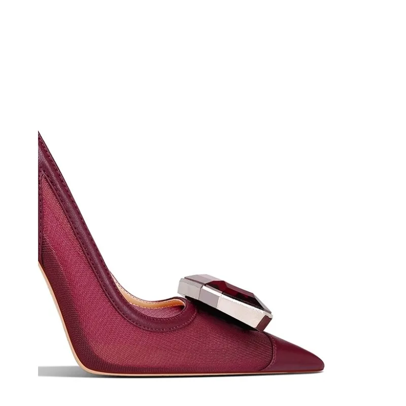Burgundy 2025 Fall New Mesh Pointed Toe Stiletto High Heels for Women Elegant Dress Shoes