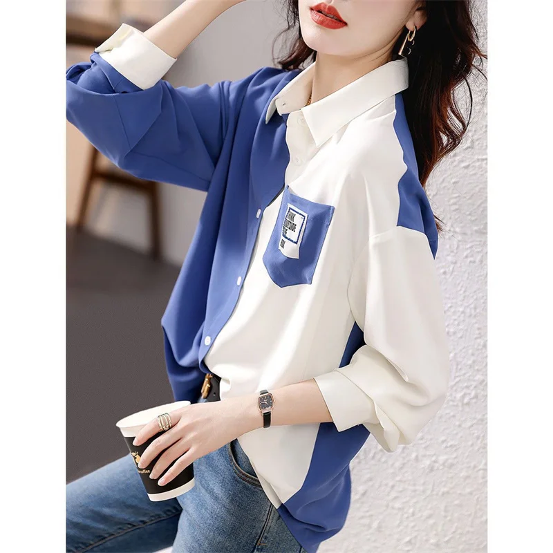 Woman Spring Autumn Style Blouses Shirts Lady Casual Long Sleeve Turn-down Collar Patchwork Printed Blusas Tops DF4852