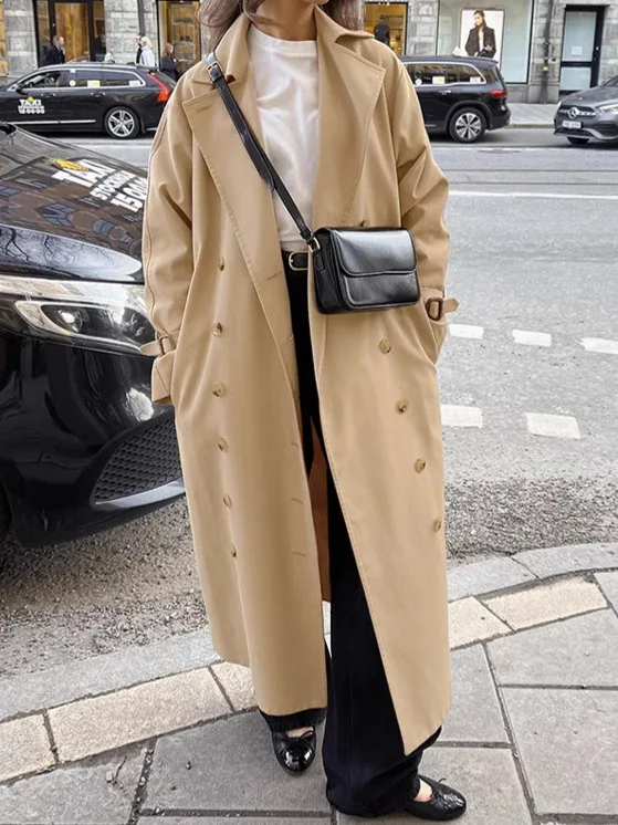 

British Style Double Breasted Women's Trench Coat Lapel Long Sleeve Medium Length Khaki Windbreaker 2025 Commuting Style Coat
