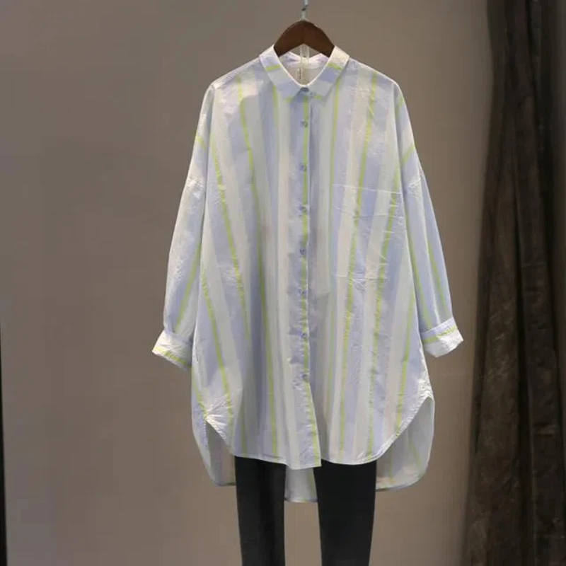 

Полосатая рубашка, женское весенне-осеннее пальто, женские топы с длинными рукавами, женские свободные рубашки, женские большие размеры, хлопок и лен, повседневные