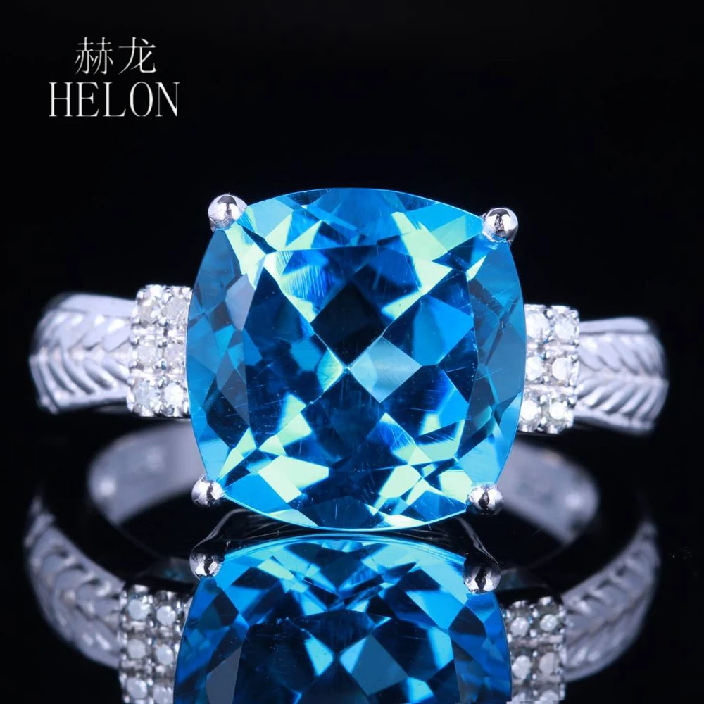 

HELON Solid 14K White Gold Flawless Cushion 10mm Genuine Blue Topaz Diamond Engagement Wedding Ring For Women Vintage Jewelry