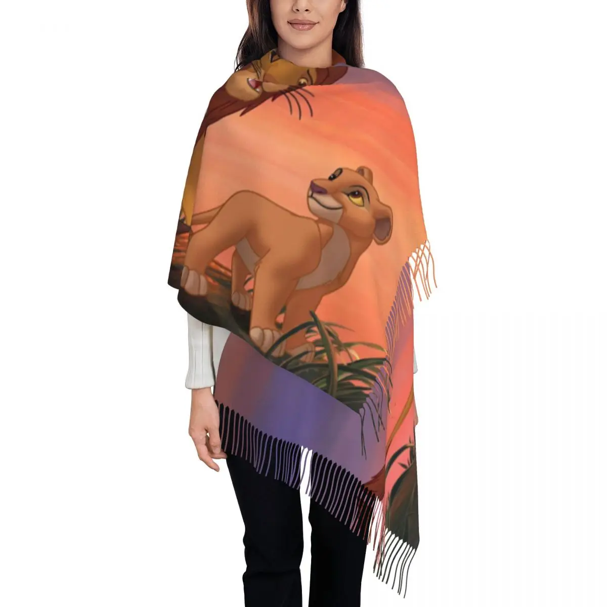 

Custom Cartoon Lion King Simba Tassel Scarf Women Winter Fall Warm Shawls Wraps Female Scarves