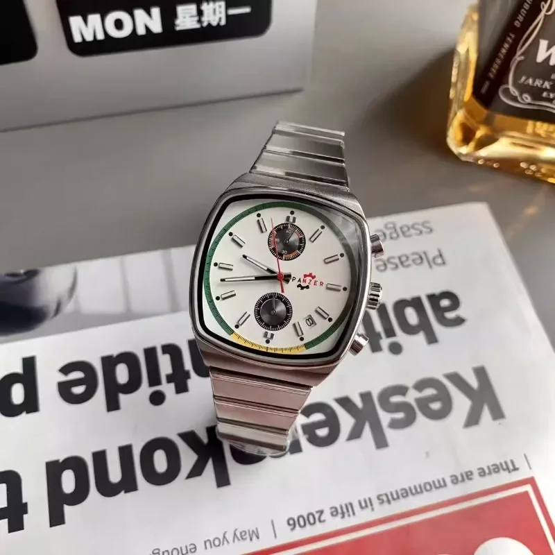 2025 Orologio da uomo classico a forma di tonneau in acciaio inossidabile con calendario, timer, orologio sportivo da uomo casual, часы ✔ nulla