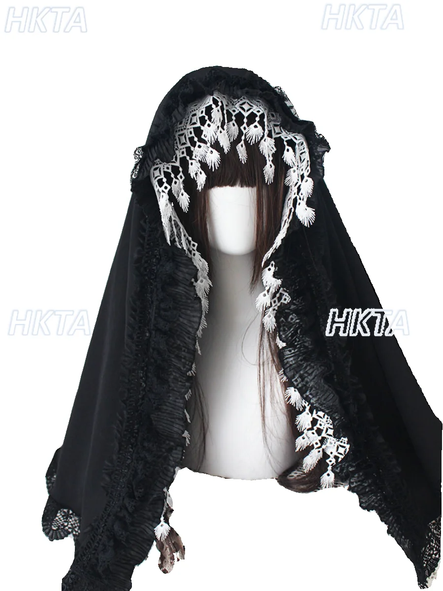 Abito Lolita Scuro Elegante Foulard Accessori per capelli Donna Splendido pizzo Nero Bianco Scialle Cofano Fasce Cosplay femminile