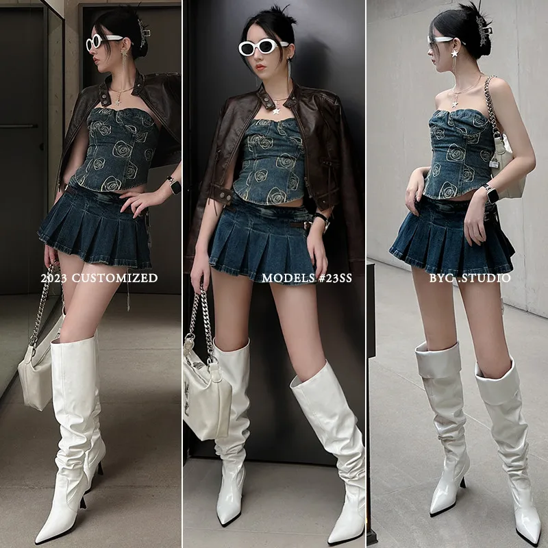 MKKHOU Moda Sobre O Joelho Botas Mulheres Nova Laca Couro Apontado Plissado Botas De Couro De Salto Alto Estilo Rua Botas Longas