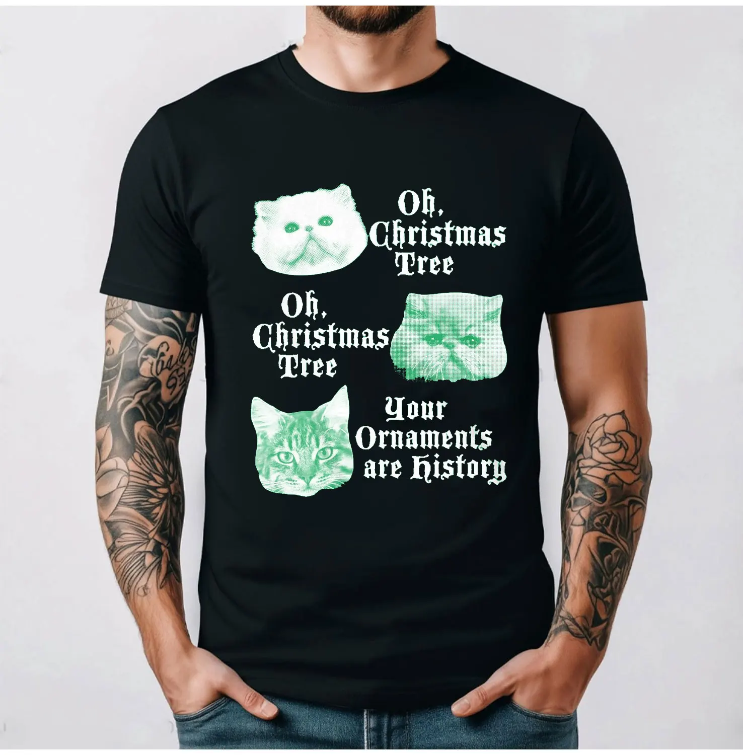 Oh Christmas Tree Your Ornaments Are History TShirt Funny Cat Holiday Shirts Crew  Short Sleeve Cotton Casual Soft Comfortable