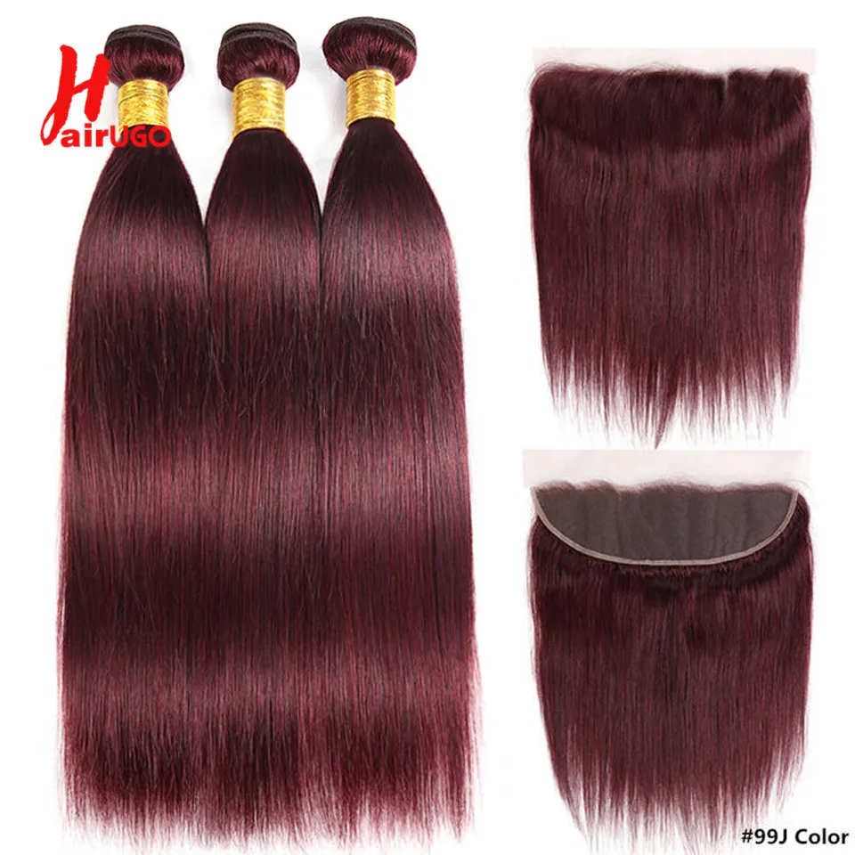 

99J Straight Human Hair Bundles With Lace Front Brazilian Burgundy 13x4 Lace Front With Bundles 10A Remy Hair Extension HairUGo