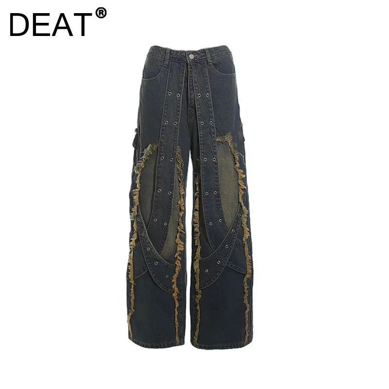 DEAT Women's Jeans Low Waist Loose Straight Spliced Deconstructing Unique Designs Wide Leg Denim Pants 2025 New Fashion Spring