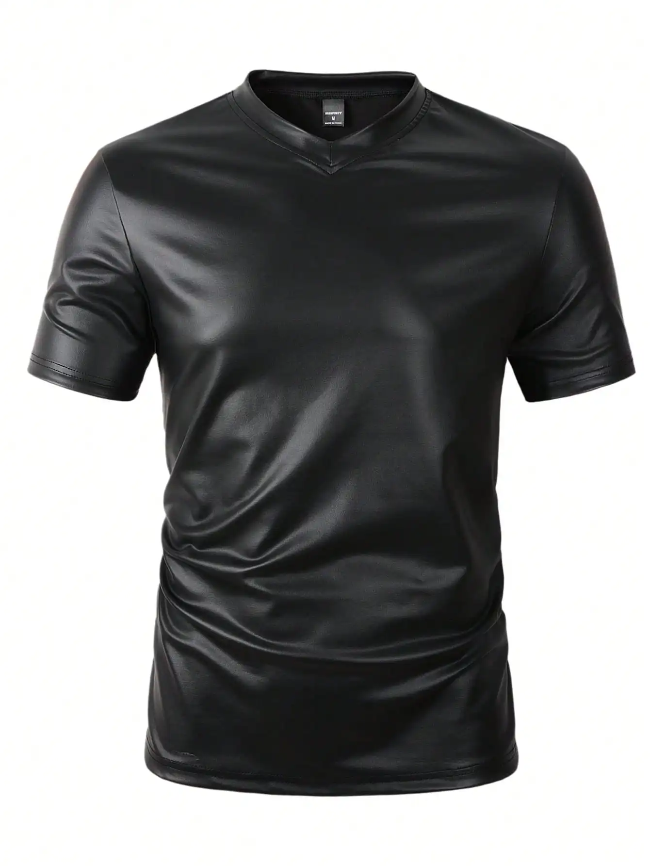 

Мужская однотонная черная футболка с V-образным вырезом и коротким рукавом из искусственной кожи для повседневных выходов на улицу