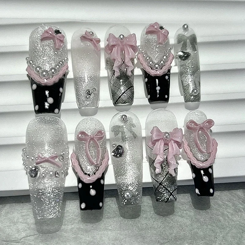 10 Pieces Lace Flutter French Bow Handmade Press On Nails Pearl Cat Eye Glitter Plaid Fake Nails Removable Reusable