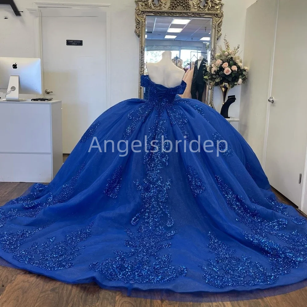 Angelsbride Glamorous Blue Quinceanera Dresses Ball Gown Beading Appliques Off Shoulder Mexican Sweet 16 Vestidos De 15 Anos