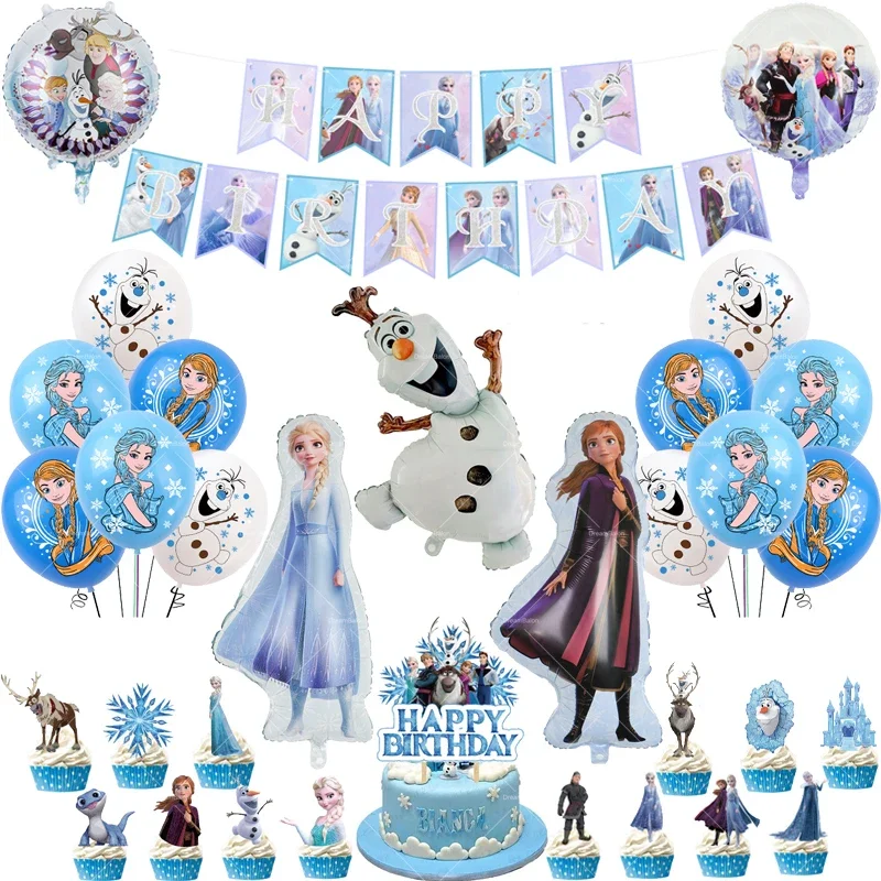 Frozen Balloons Disney Anna Elsa Princess Party Decoration Happy Birthday Banner Girl Cake Topper Disposable Tableware Ballon