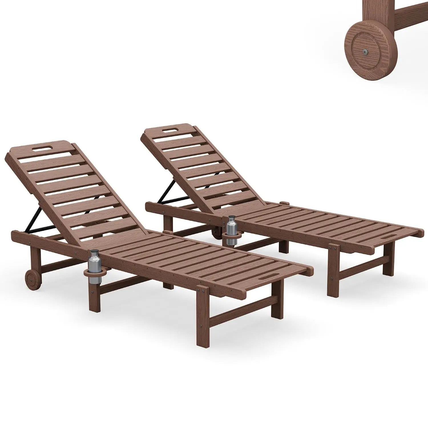 Weather-resistant chaise lounge resists fading, with 5-level adjustable back, cup holder and wheels.
